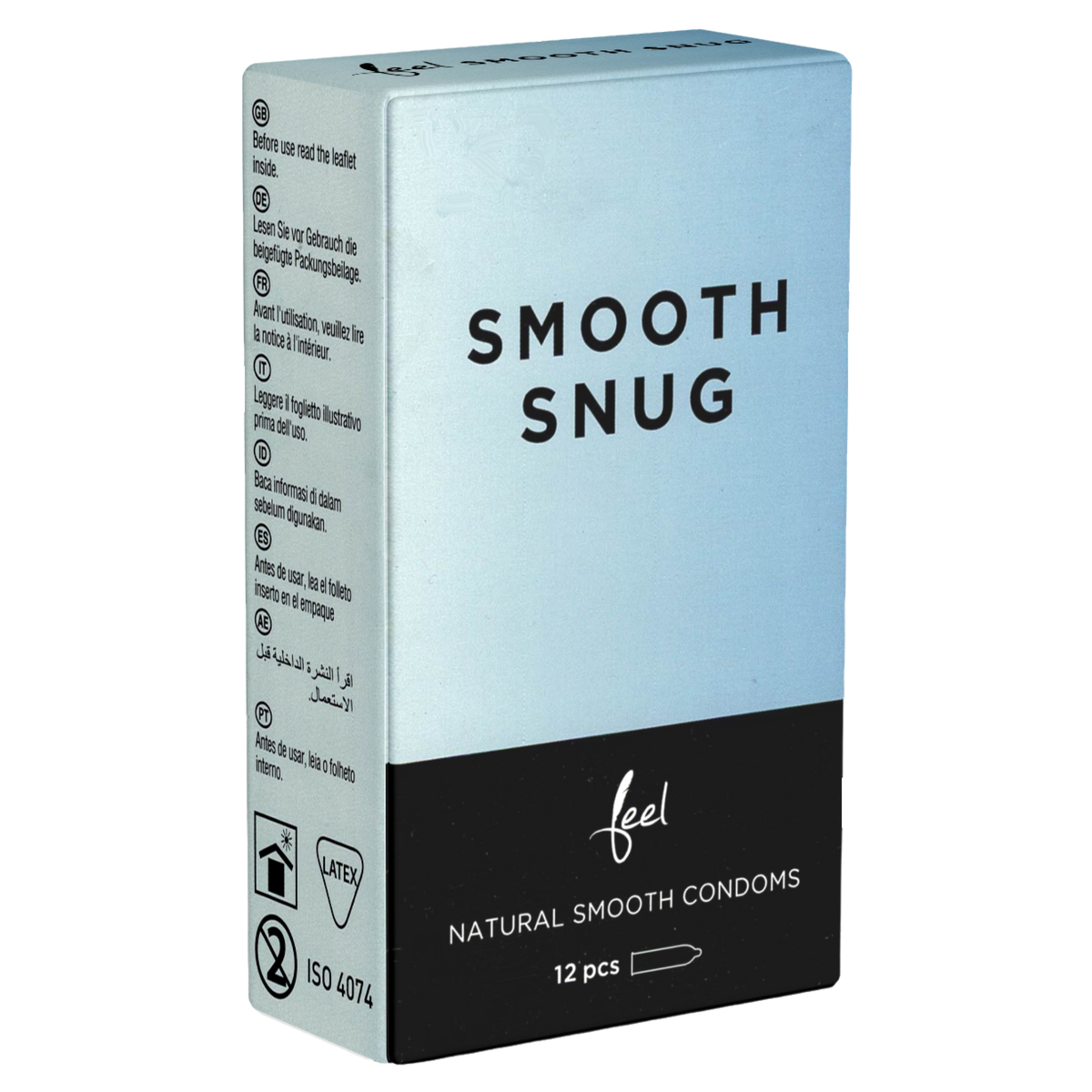 Studio product shot of the Feel Smooth Snug Condoms 12-pack box standing upright at a three-quarter angle against a white background, featuring a light powder blue upper half and a black base with white branding. Main image