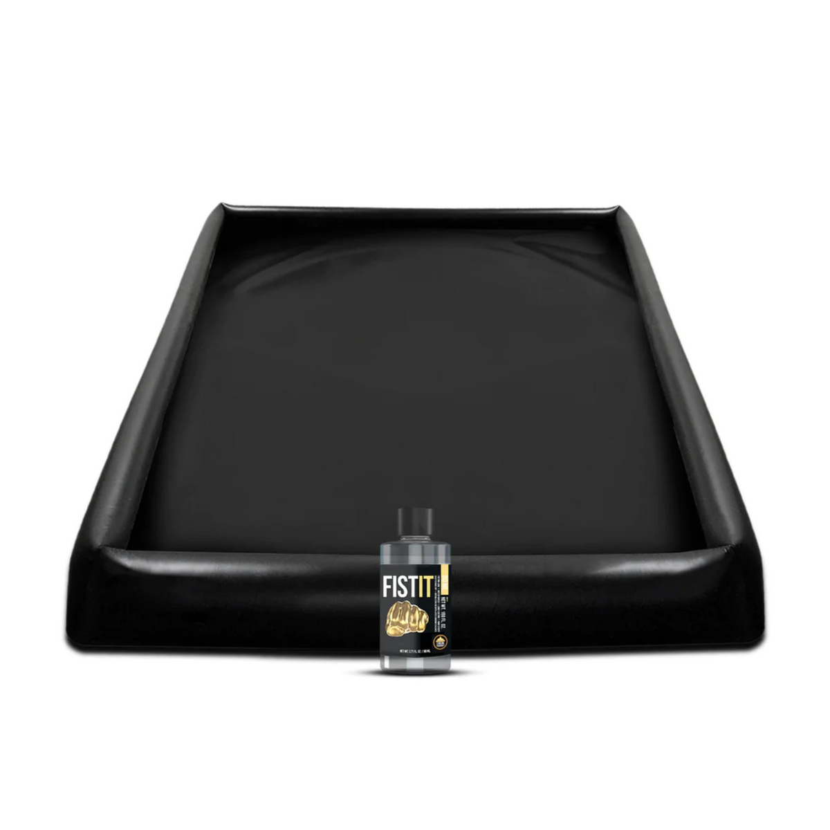 Black inflatable play sheet with raised edges, shown next to a bottle of FISTIT powder lubricant.