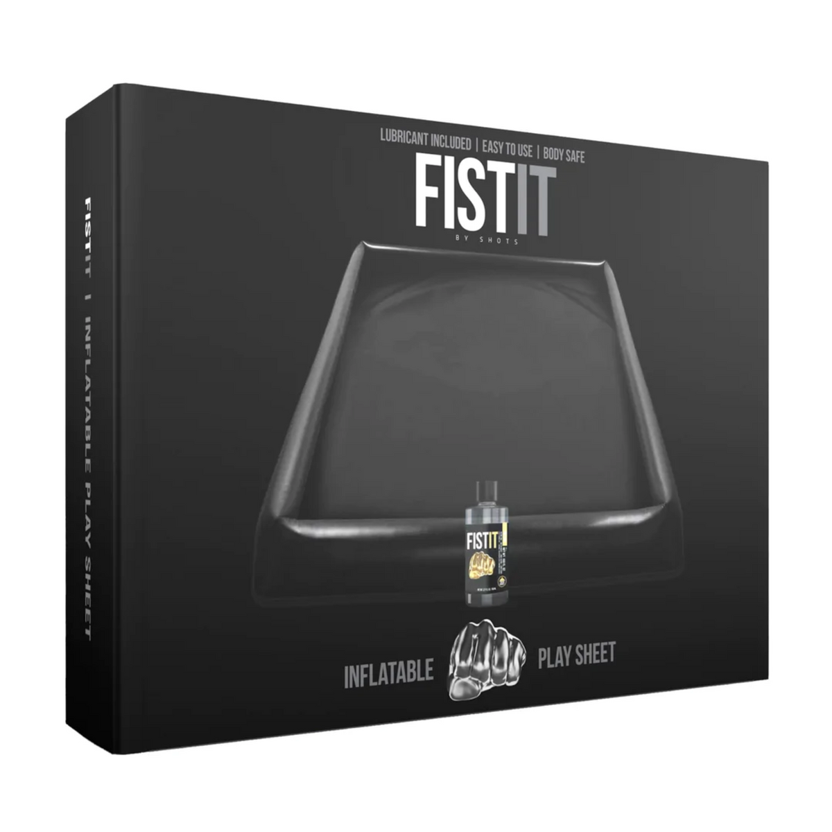Black product packaging for the FISTIT Inflatable Play Sheet, featuring an image of the inflatable mat and included lubricant. Main image