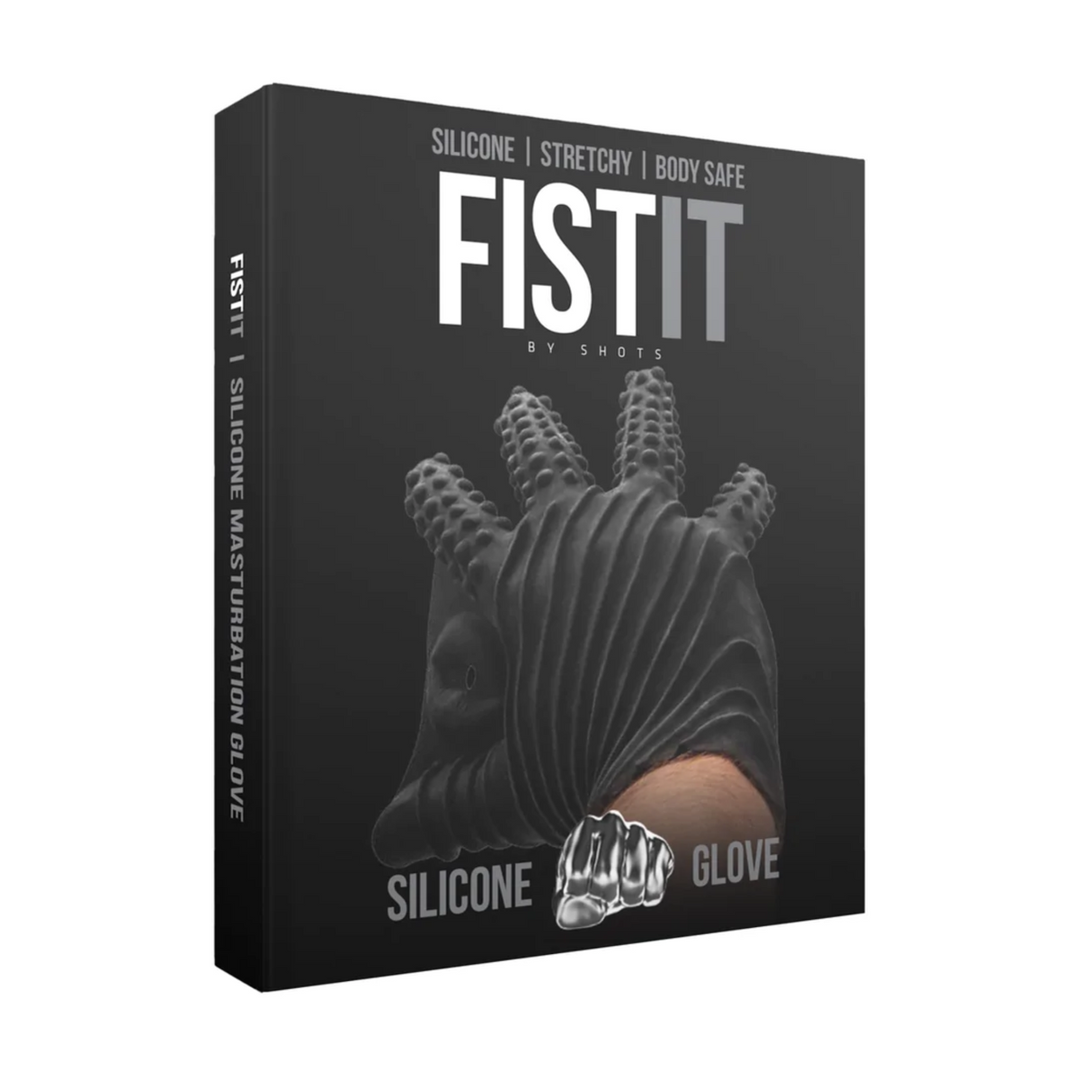 Black product packaging for the FISTIT Silicone Masturbation Glove, featuring a textured glove and product details.  Main image