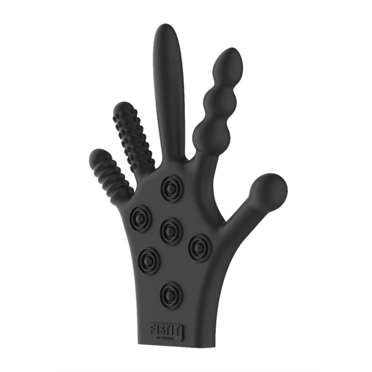 Black silicone glove image with six different textures on the palm and fingers.
