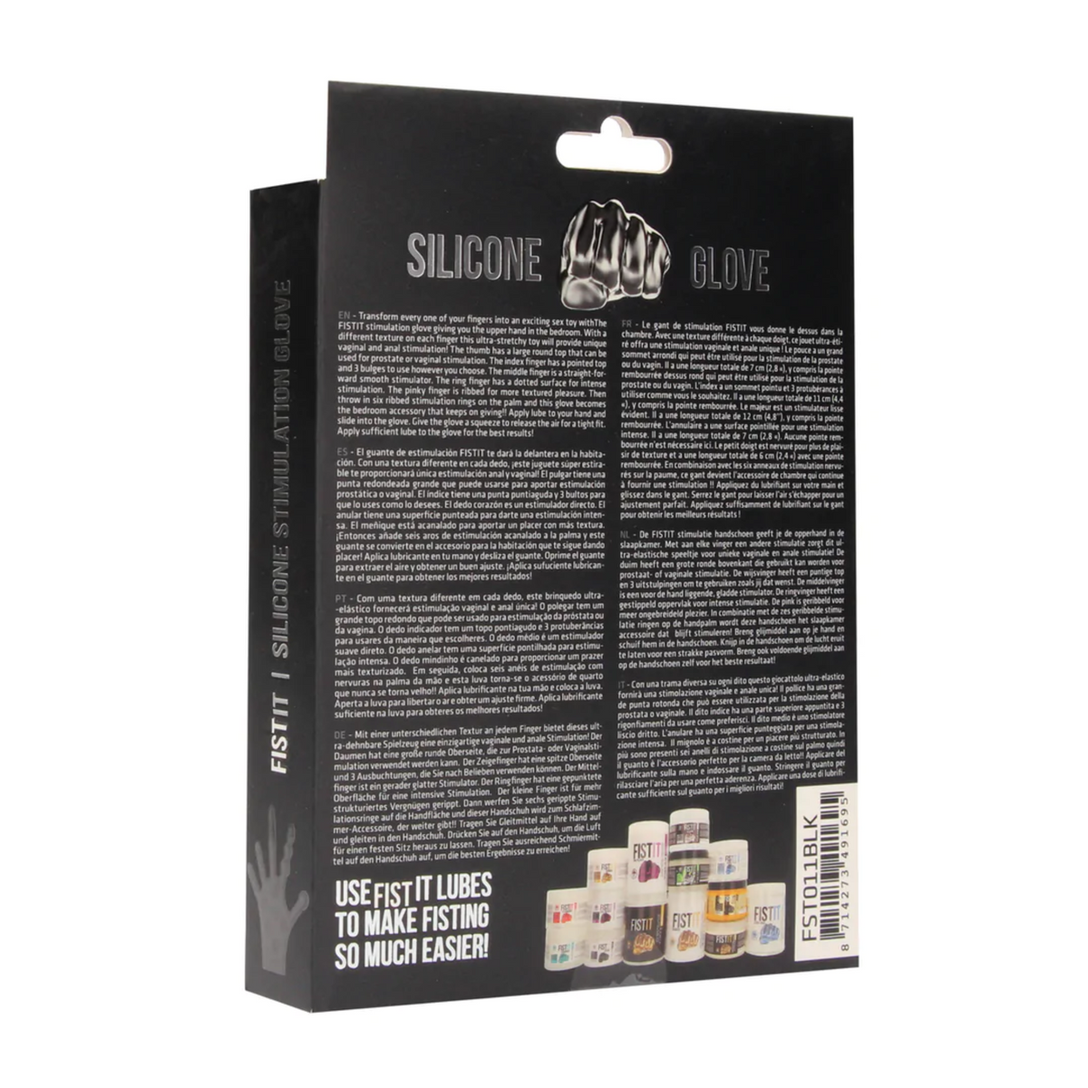 Back of the black product packaging for the FISTIT Silicone Glove, showing multilingual product description and lubricant recommendation.
