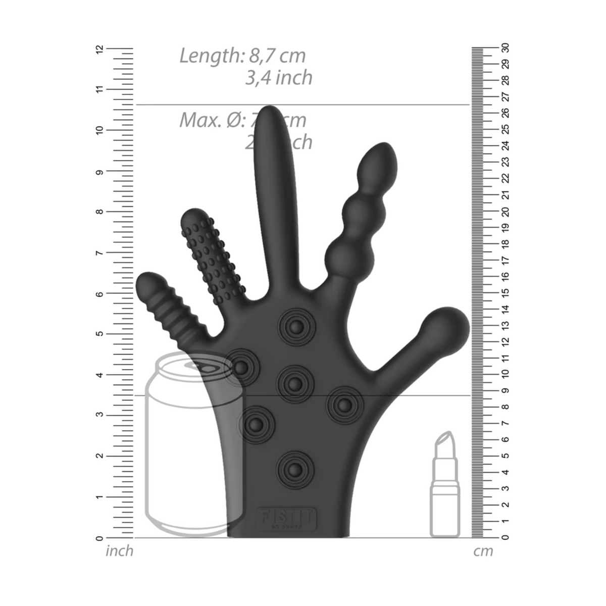 Black silicone glove-style stimulator on a measuring ruler, showing the length and diameter.