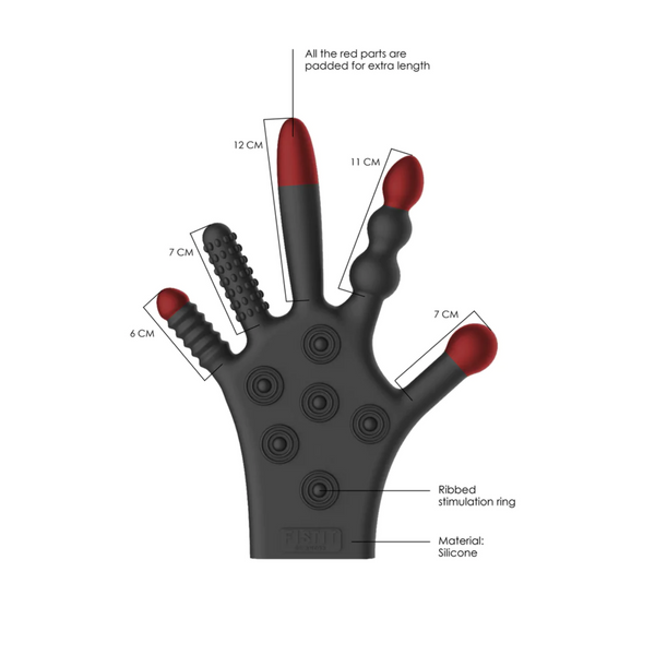 Diagram of the black silicone glove stimulator with red highlights, showing specific measurements and feature names. 