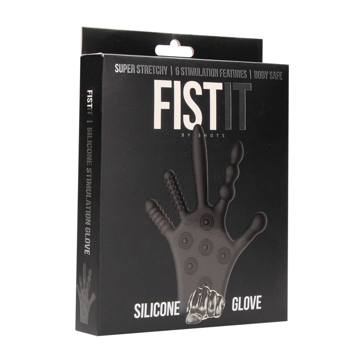 Front of the black product packaging for the Fist It Silicone Glove 6 Simulation Features. Main image