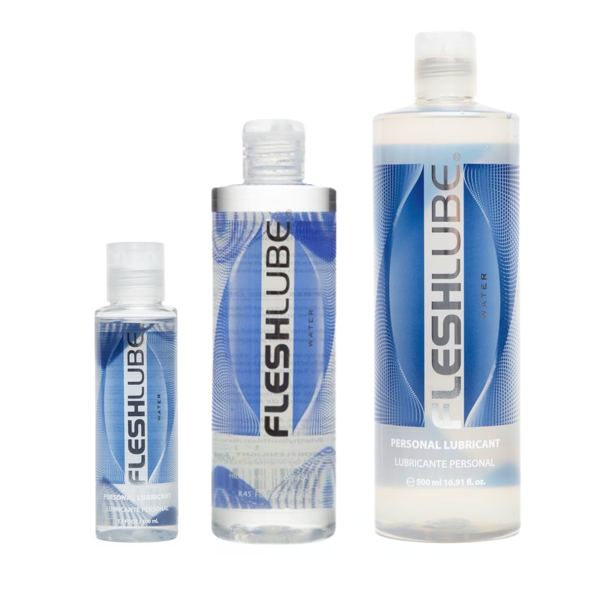 Three Fleshlight Fleshlube Water-based Lubricants side by side: 100ml, 250ml and 500ml in the white background. Main image