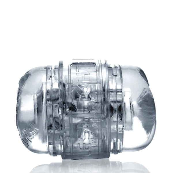 Clear, horizontal view of the Riley Reid Fleshlight Quickshot masturbator, showing its internal texture.