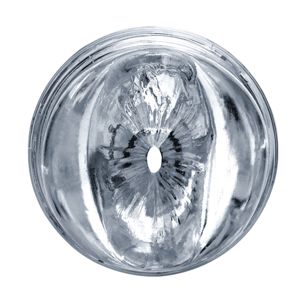 Close-up of the end of the Riley Reid Fleshlight Quickshot, showing the anal-style orifice and texture.