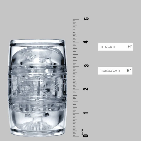 Riley Reid Fleshlight Quickshot with a ruler showing the dimensions: 4.4'′ total length and 3.5′′ insertable length.