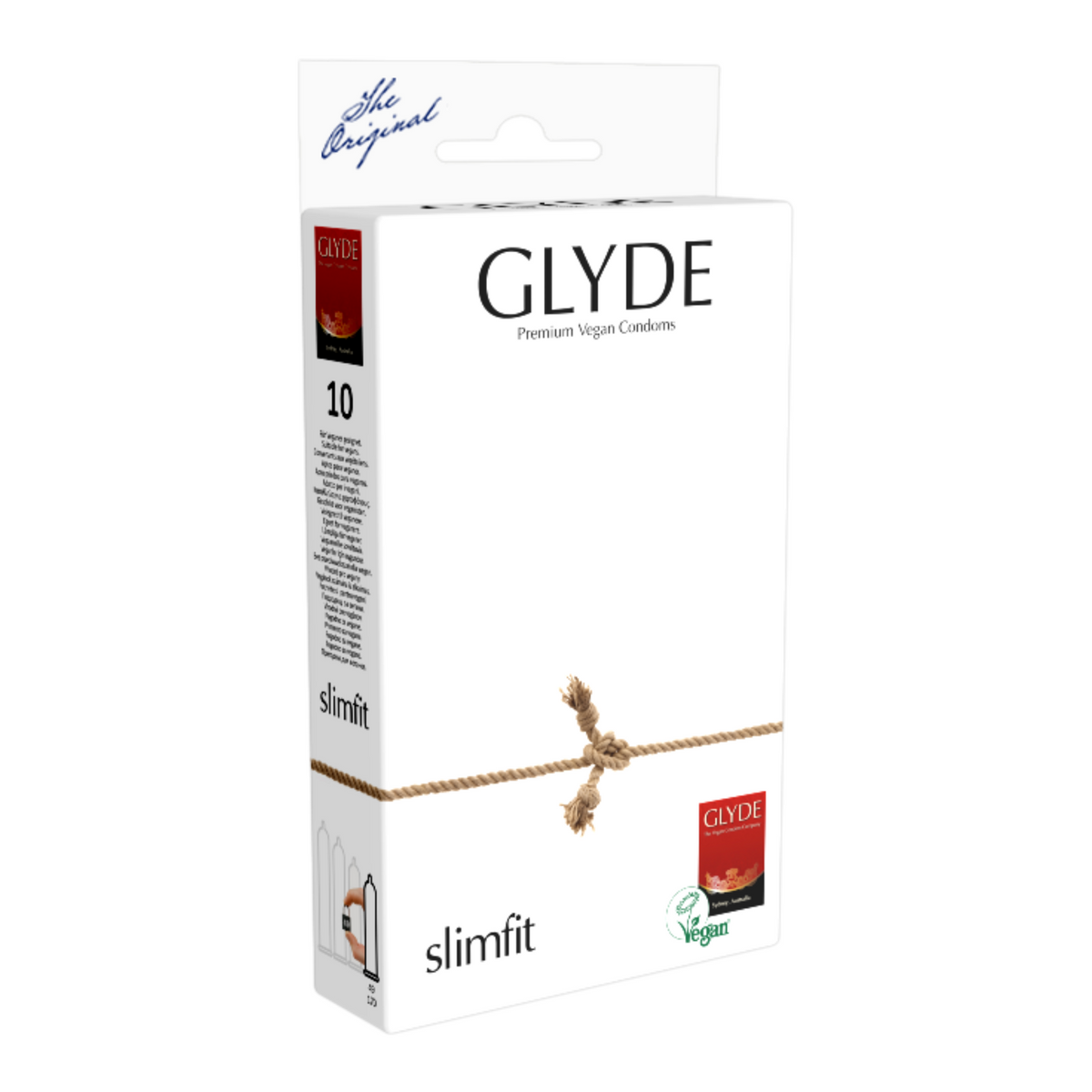 A box of Glyde Slimfit condoms. The box is white, with a brown rope tied in a knot across the middle. The words "GLYDE Premium Vegan Condoms" are written in black capital letters. The words "slimfit" are written in smaller black letters below the rope. The side of the box indicates it contains 10 condoms.  Main image