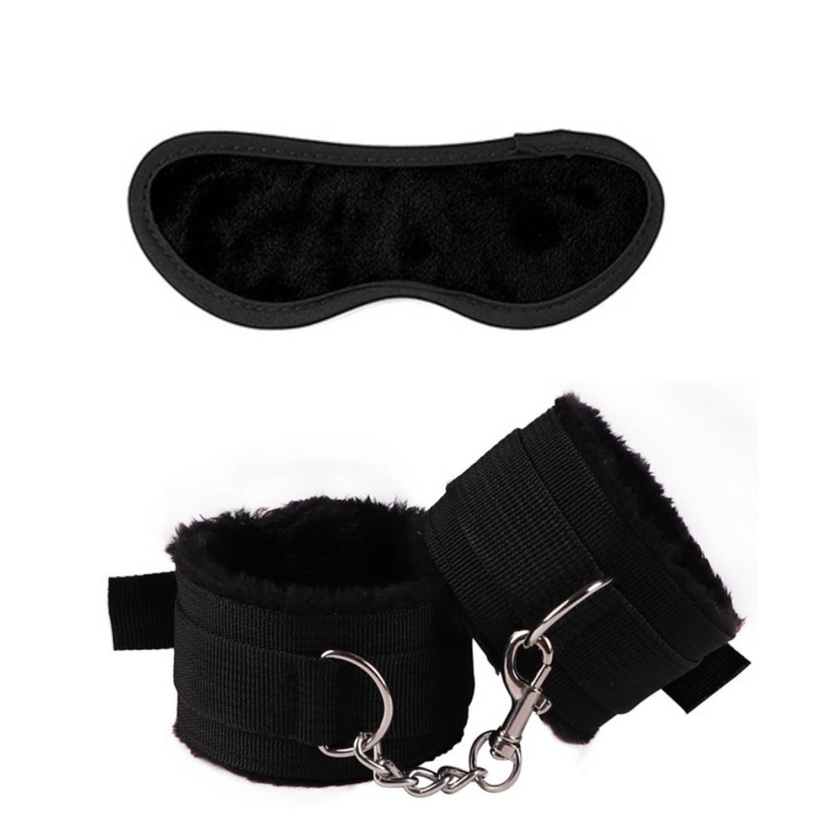 Black plush blindfold and two black linked plush-lined cuffs.