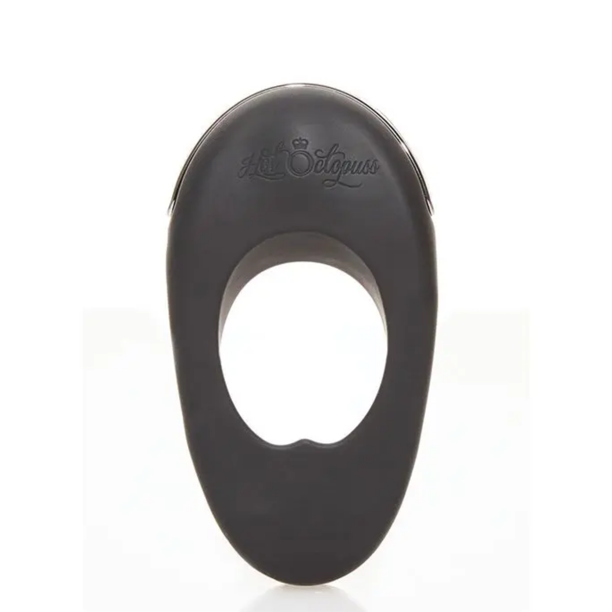 Isolated front studio shot of the black Hot Octopuss Atom Plus vibrating c-ring showing its smooth silicone finish, inner ridge, and embossed logo.