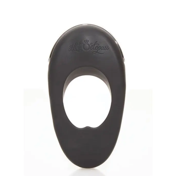 Isolated front studio shot of the black Hot Octopuss Atom Plus vibrating c-ring showing its smooth silicone finish, inner ridge, and embossed logo.