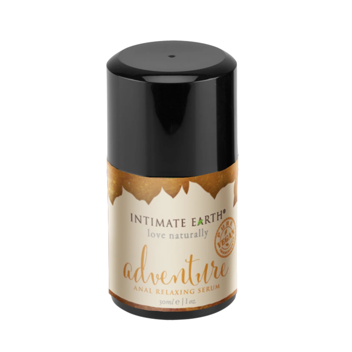 Isolated product view of the compact 30 ml (1 fl oz) Intimate Earth Adventure anal relaxing serum pump bottle featuring a large black overcap and gold-accented label with pure vegan seal.
