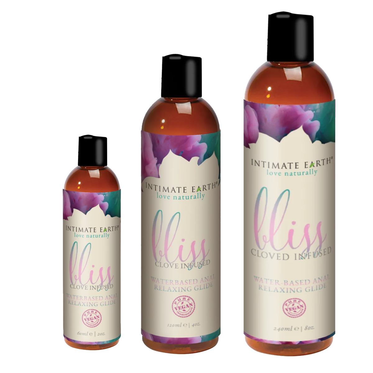Size comparison view showing three amber bottles of Intimate Earth Bliss anal relaxing glide standing side by side in 60 ml (2 fl oz), 120 ml (4 fl oz), and 240 ml (8 fl oz) capacities. Main image