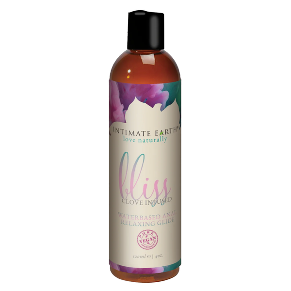Direct studio view of the medium 120 ml (4 fl oz) amber bottle of Intimate Earth Bliss clove-infused water-based anal relaxing glide.