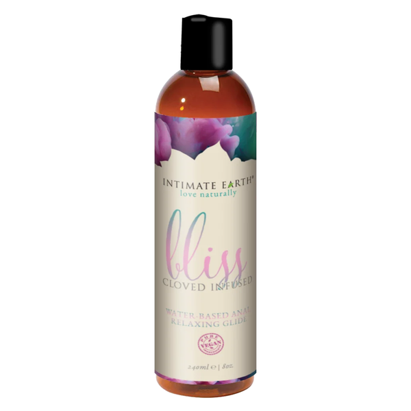 Isolated product view of the large 240 ml (8 fl oz) amber bottle of Intimate Earth Bliss clove-infused water-based anal relaxing glide with a black disc cap.