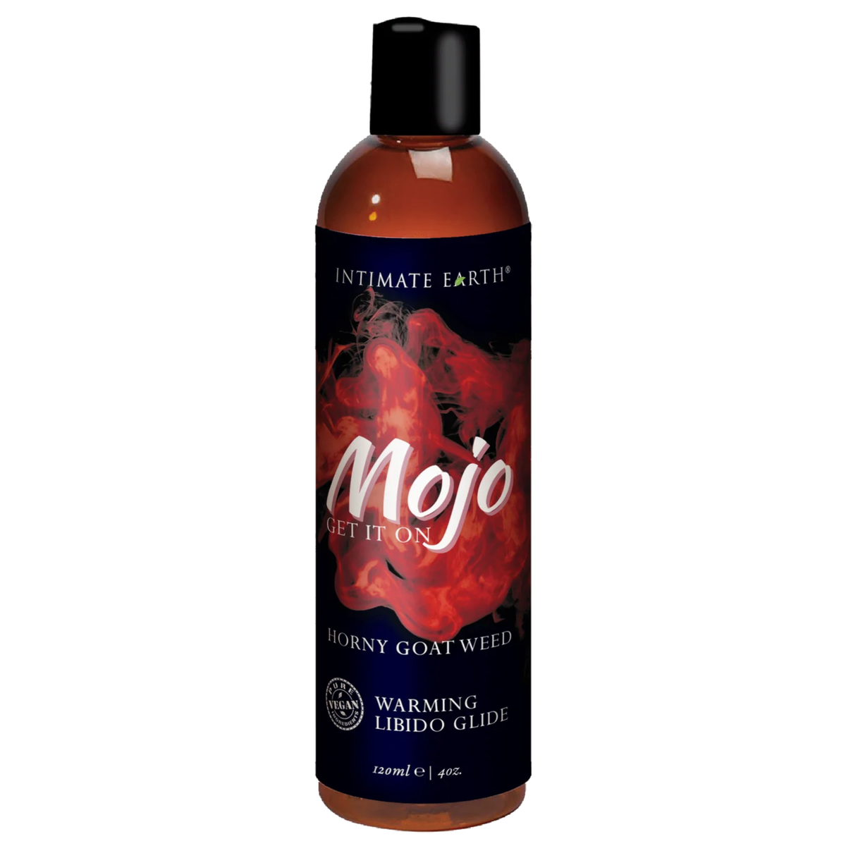 Direct studio shot of the 120 ml (4 fl oz) amber bottle of Intimate Earth Mojo warming libido glide featuring horny goat weed extract, a black-and-red smoke effect label, and a black disc cap. Main image