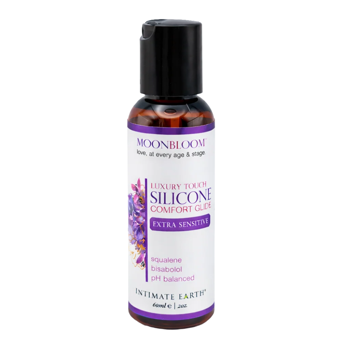 Front studio product view of the travel-sized 60 ml (2 fl oz) amber bottle of Intimate Earth Moon Bloom extra sensitive luxury touch silicone comfort glide.