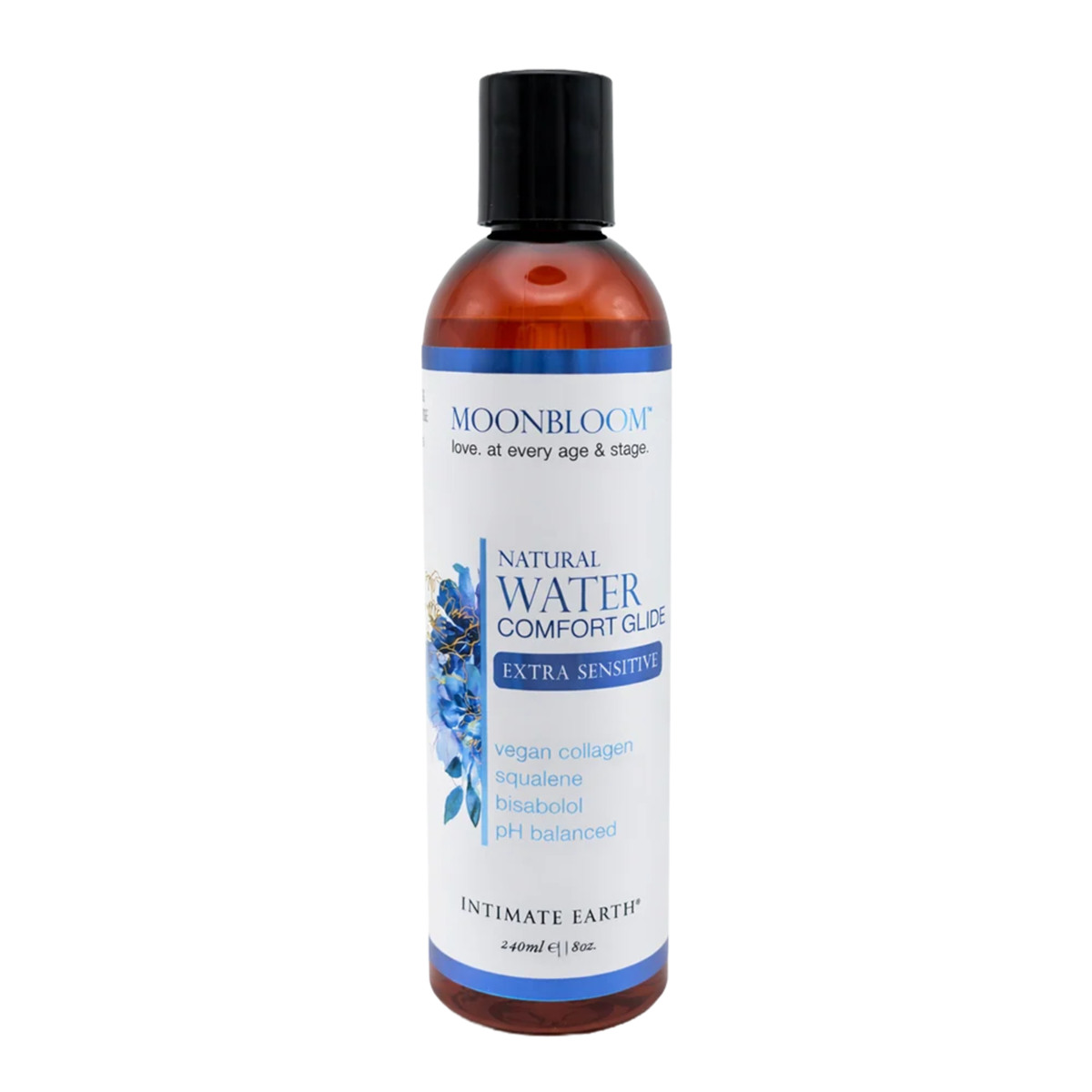Direct studio shot of the large 240 ml (8 fl oz) amber bottle of Intimate Earth Moon Bloom extra sensitive water-based comfort glide with a black disc cap.