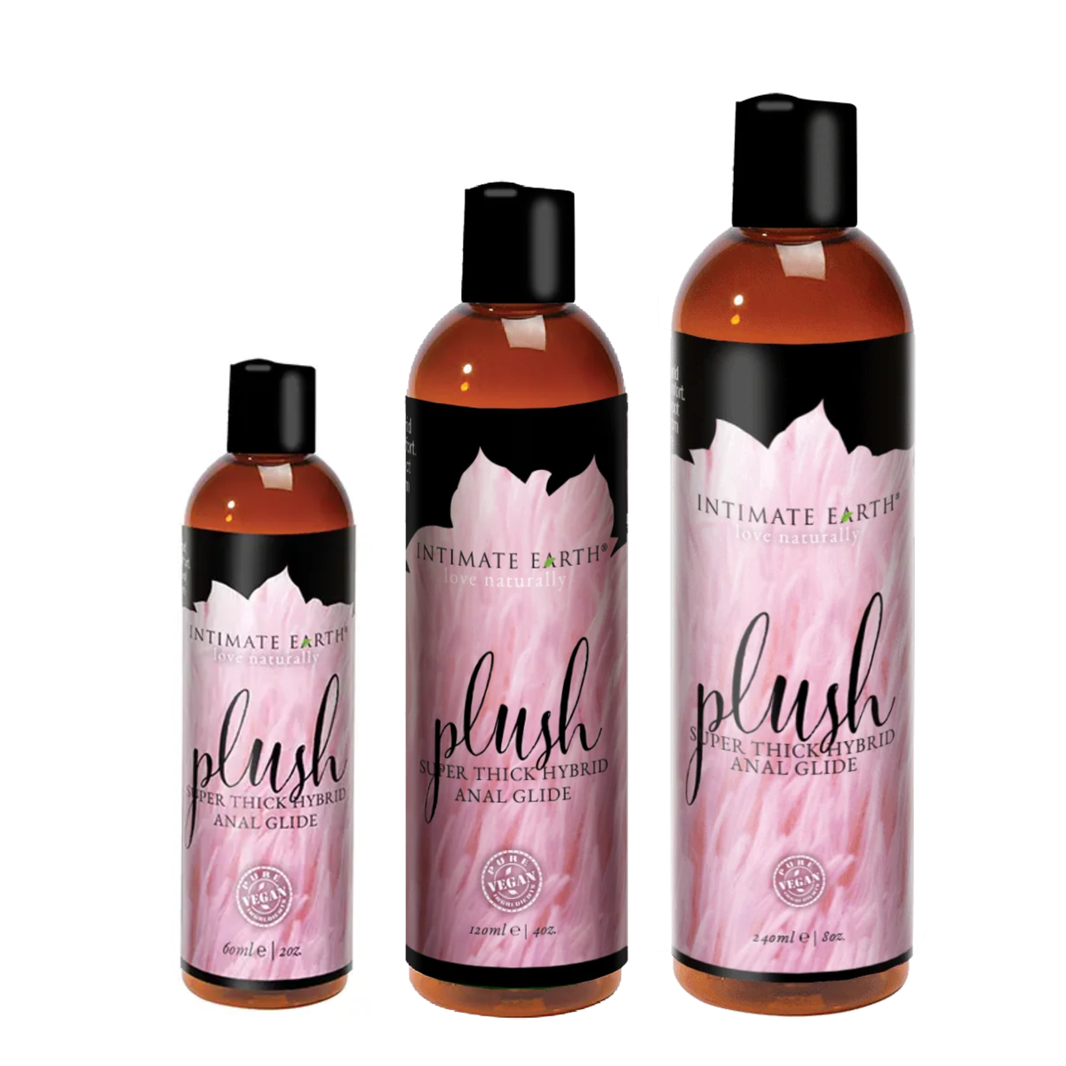 Size comparison shot showing three amber bottles of Intimate Earth Plush super thick hybrid anal glide standing side by side in 60 ml (2 fl oz), 120 ml (4 fl oz), and 240 ml (8 fl oz) capacities. Main image