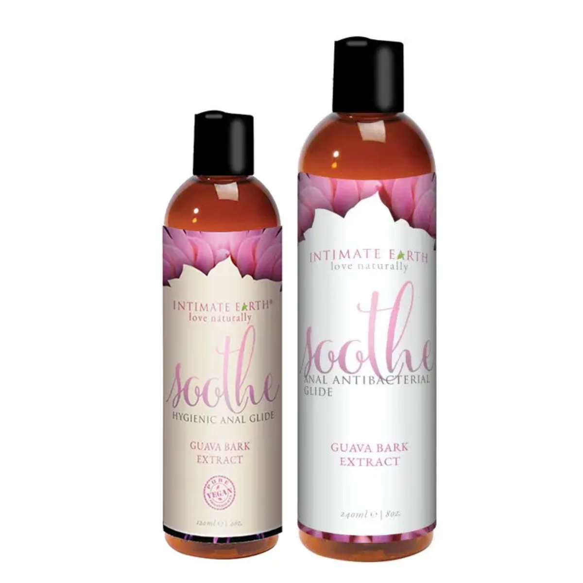 Size comparison view showing the 120 ml (4 fl oz) and 240 ml (8 fl oz) amber bottles of Intimate Earth Soothe antibacterial anal glide standing side by side. Main image