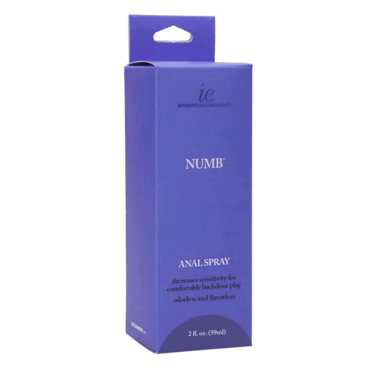 Perspective view of the purple hanging retail box for Intimate Enhancements Numb Anal Spray, displaying front product branding and volume specification.