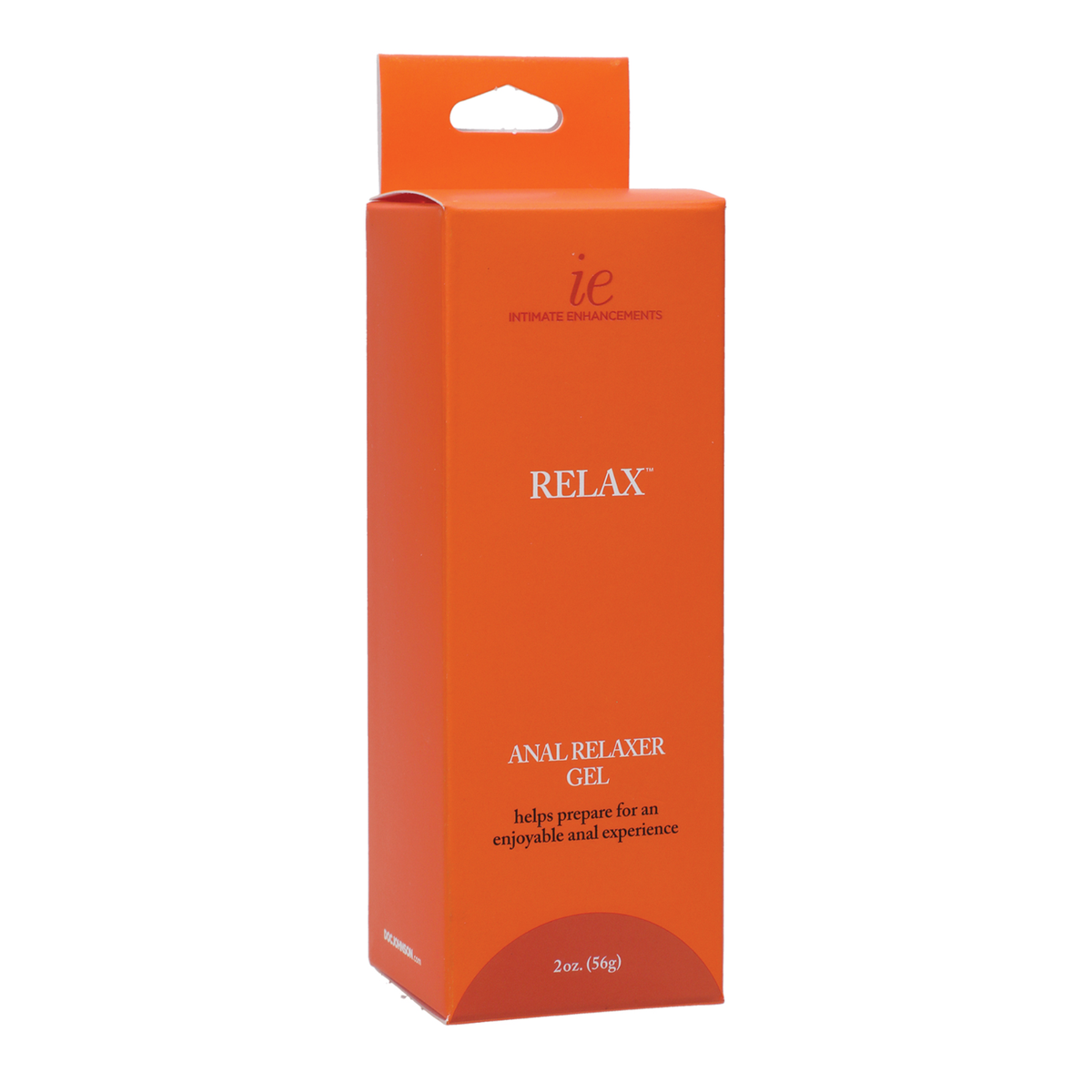 Studio view of the orange hanging retail box for Intimate Enhancements Relax Anal Relaxer Gel, featuring 2 oz (56g) volume branding and core product claims.