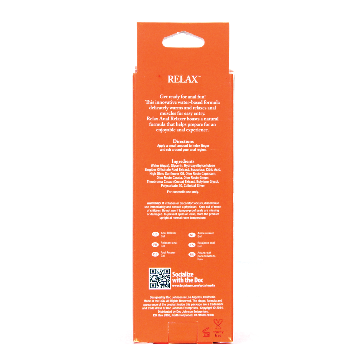 Back panel packaging view of the orange retail box detailing product description ("delicately warms and relaxes anal muscles for easy entry"), directions, ingredients list, multi-language callouts, social media handles, and cruelty-free icon.