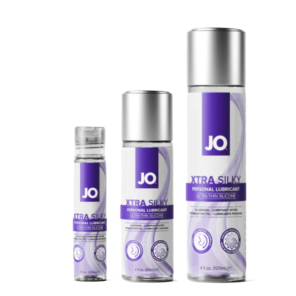 Three different sizes of JO Xtra Silky Personal Lubricant bottles are displayed side-by-side against a white background, increasing in height from left to right. The clear bottles feature purple and white labeling with silver caps. Main image