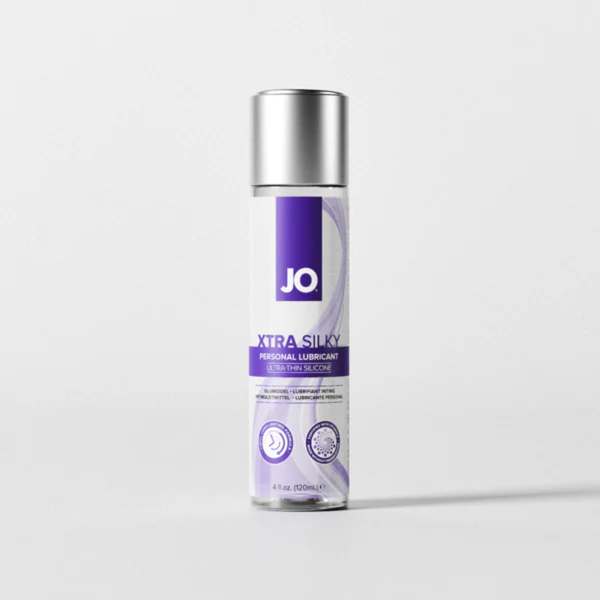 Front view of the largest 4 fl. oz. (120ml) bottle of JO Xtra Silky Personal Lubricant. The product text reads "Xtra Silky Personal Lubricant Ultra-Thin Silicone" on a bold purple band.