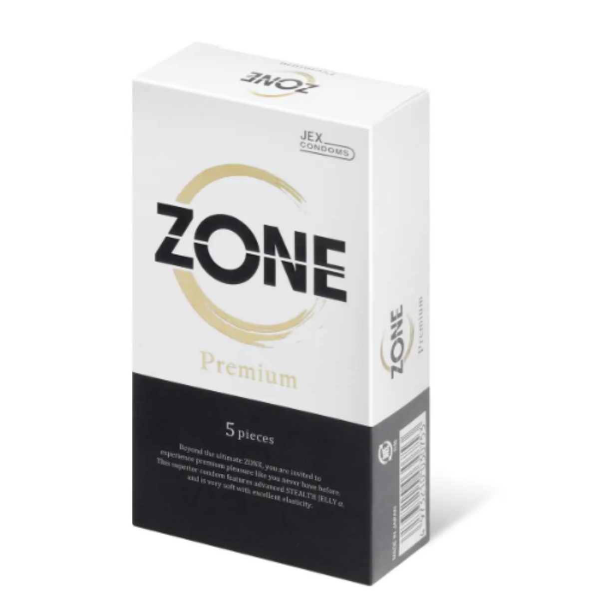 Perspective view of the white and black Jex Zone Premium 5-pack box featuring a gold brush-stroke circle logo. Main image