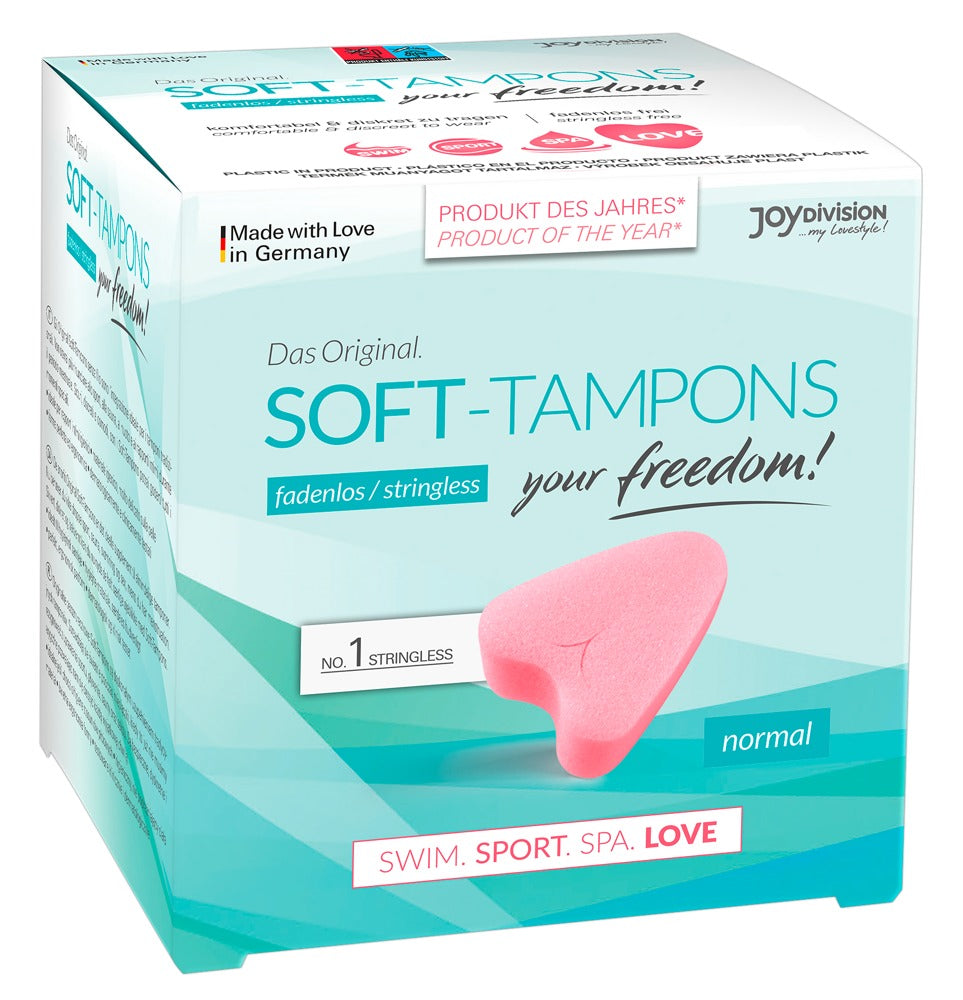 JoyDivision normal-sized stringless Soft-Tampons. The box features an image of the pink, heart-shaped tampon. Main image