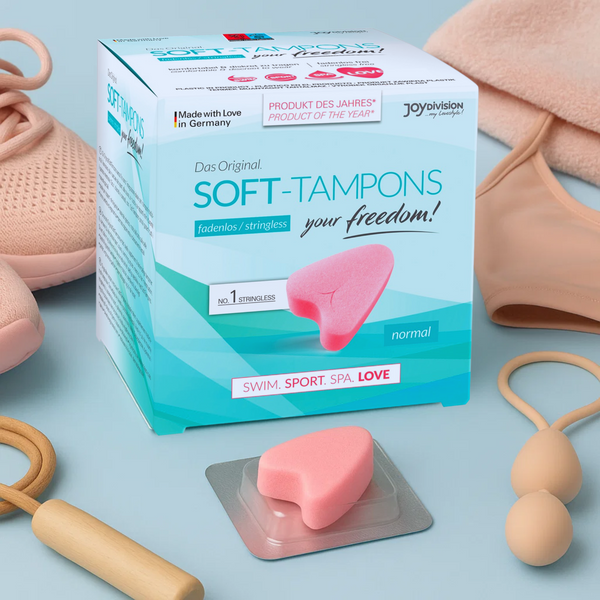 JoyDivision Soft-Tampons Normal box with a single pink stringless tampon. Features for swim, sport, spa, and love.