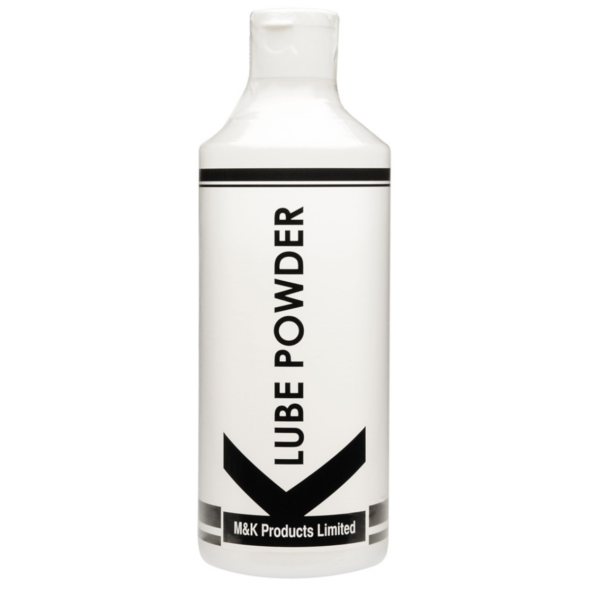 A white plastic bottle of K-Lube Powder by M&K Products Limited. The label is minimalist, featuring bold black vertical text that reads "LUBE POWDER" and a large stylized "K" at the bottom. Two black horizontal bands wrap around the top and bottom of the label. The bottle has a white flip-top cap. Main image