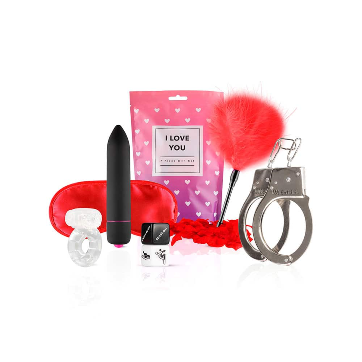 A seven-piece gift set, including a black bullet vibrator, silver metal handcuffs, a red feather tickler, a red eye mask, a bottle of massage oil/lotion, a clear ring, and a bag of rose petals. Main image
