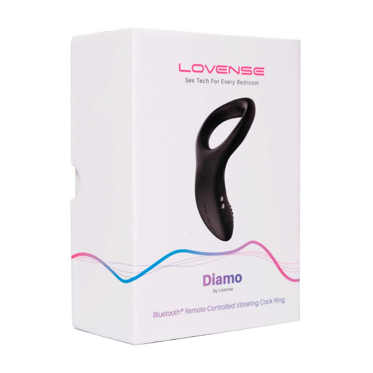 Retail box packaging view for the white Lovense Diamo Bluetooth Remote-Controlled Vibrating Cock Ring box. Main image
