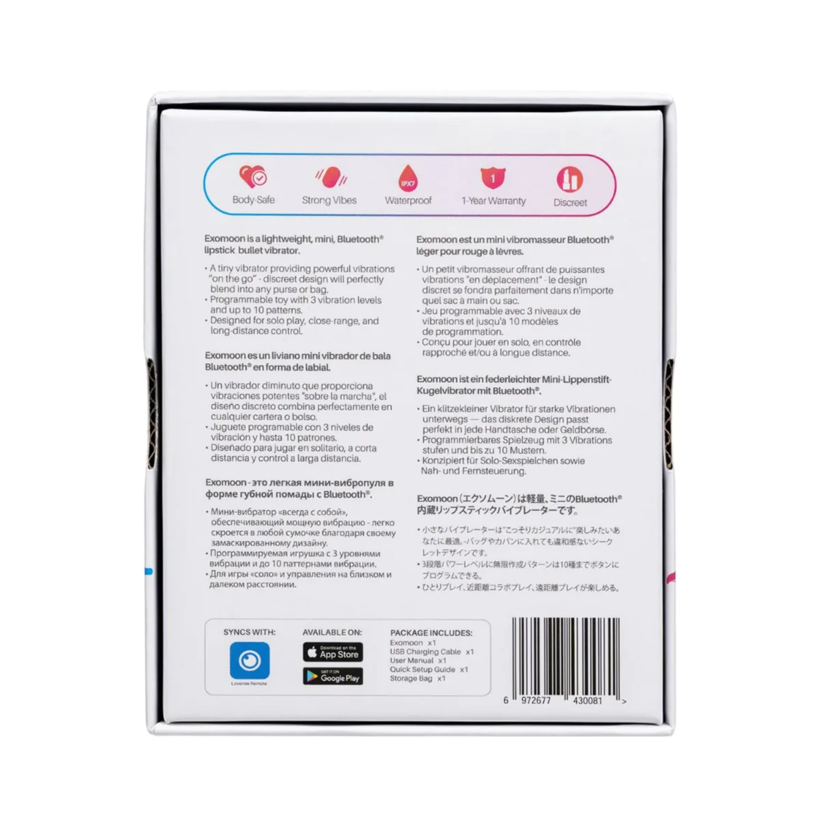 Back panel of the retail box displaying multi-language product features, safety icons (IPX7 Waterproof, Body-Safe), package contents, and barcode.