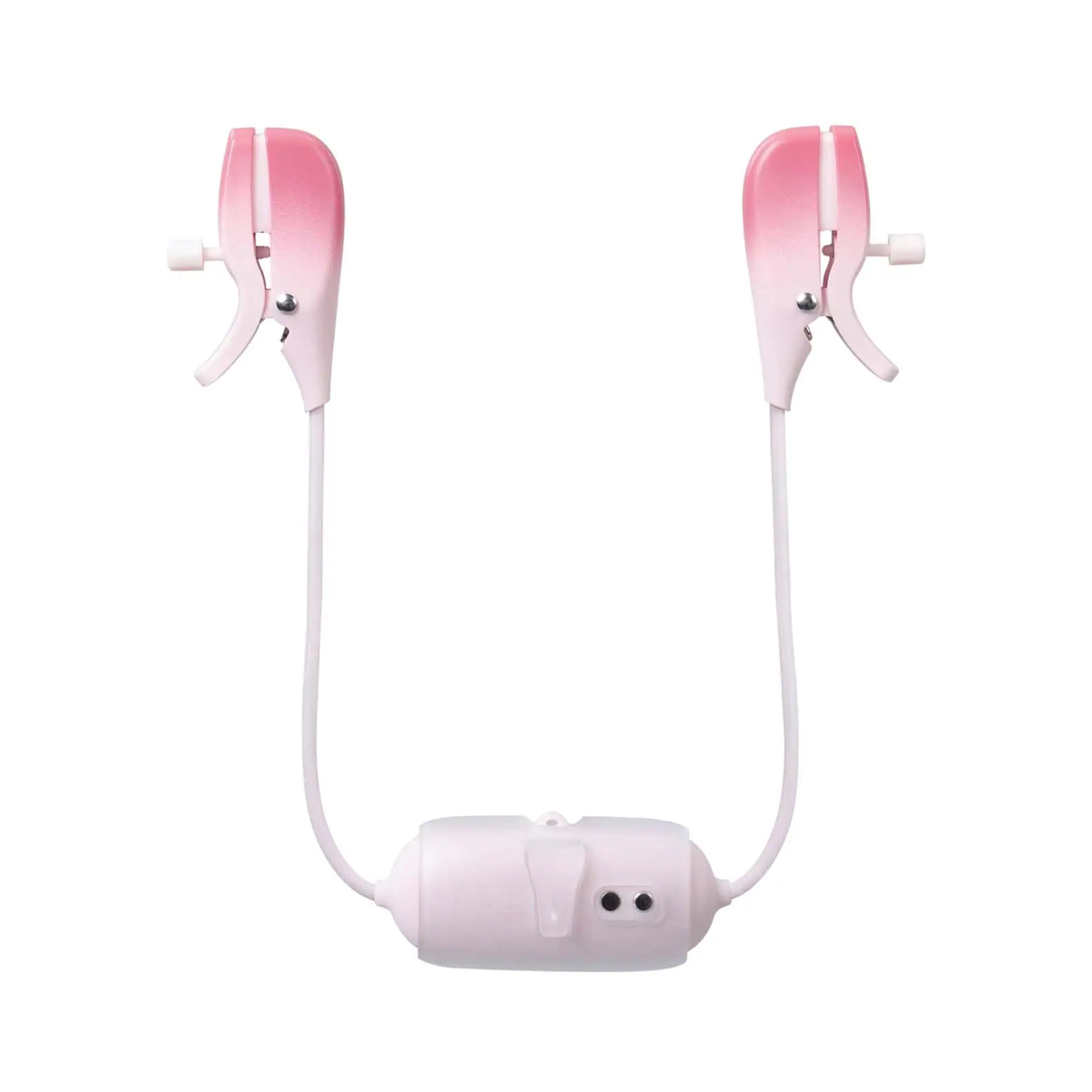 Back view of the pink Lovense Gemini unit detailing its clip mechanism and magnetic charging contacts on the central control hub.
