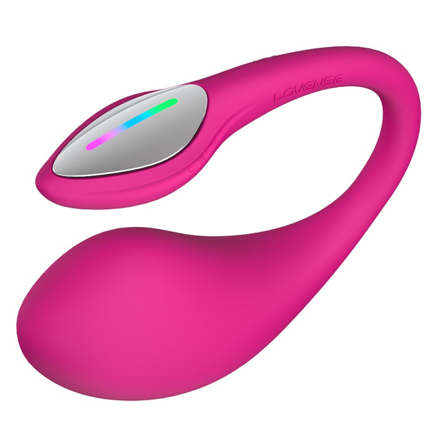 Close-up studio view of the curved pink Lovense Lush 4 vibrator highlighting the glowing multi-colored LED indicator light on its tip.