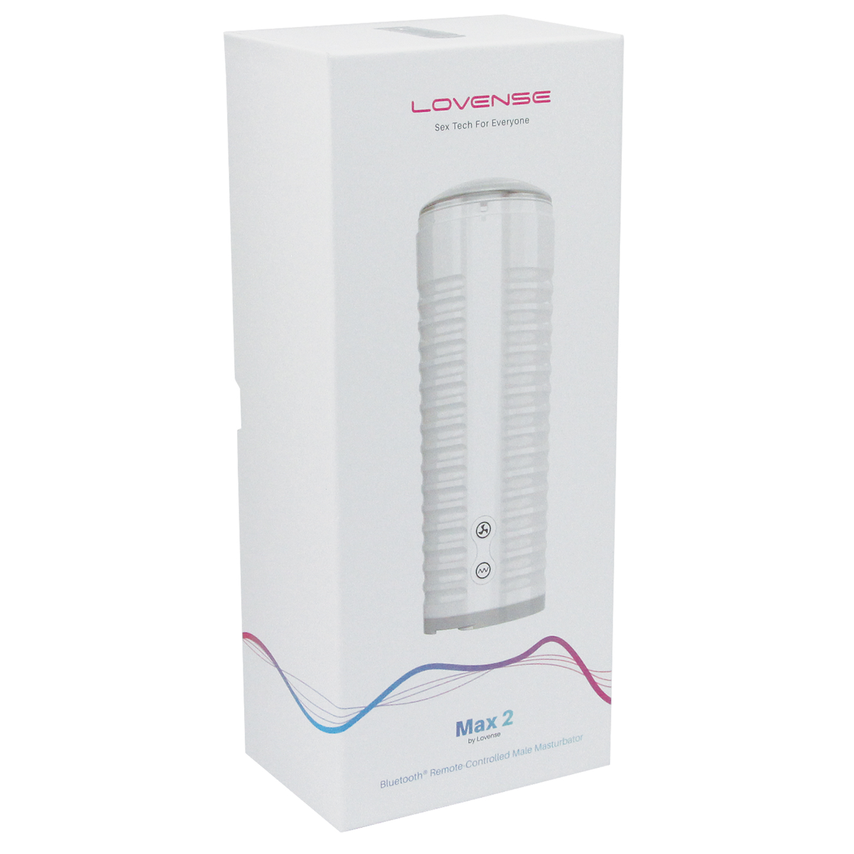 Packaging shot showing the tall, white retail box for the Lovense Max 2 Bluetooth Remote-Controlled Male Masturbator. Main image