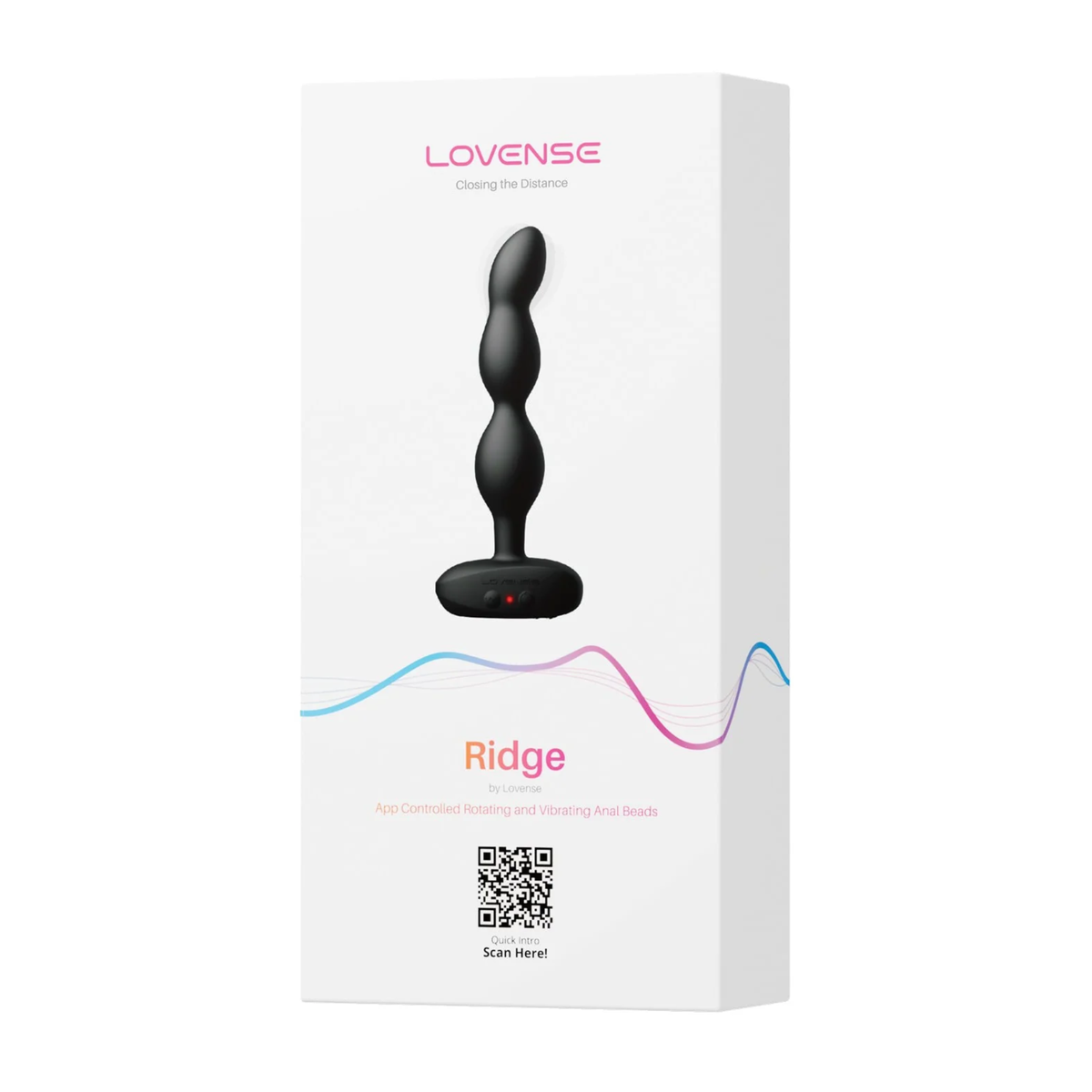 Retail box packaging view for the white Lovense Ridge App Controlled Rotating and Vibrating Anal Beads box.