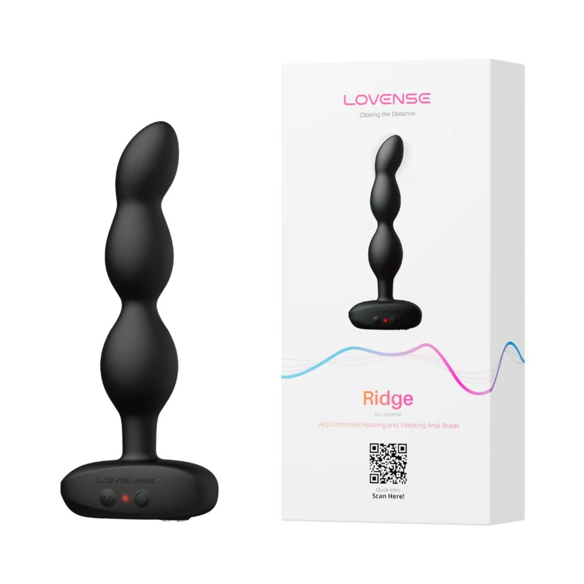 Product set view showing the black Lovense Ridge beaded massager standing upright next to its retail packaging box.