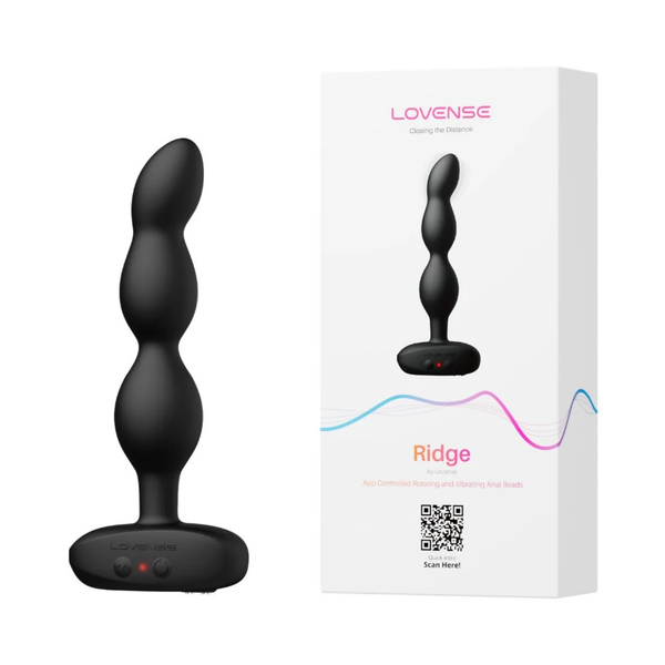 Product set view showing the black Lovense Ridge beaded massager standing upright next to its retail packaging box.