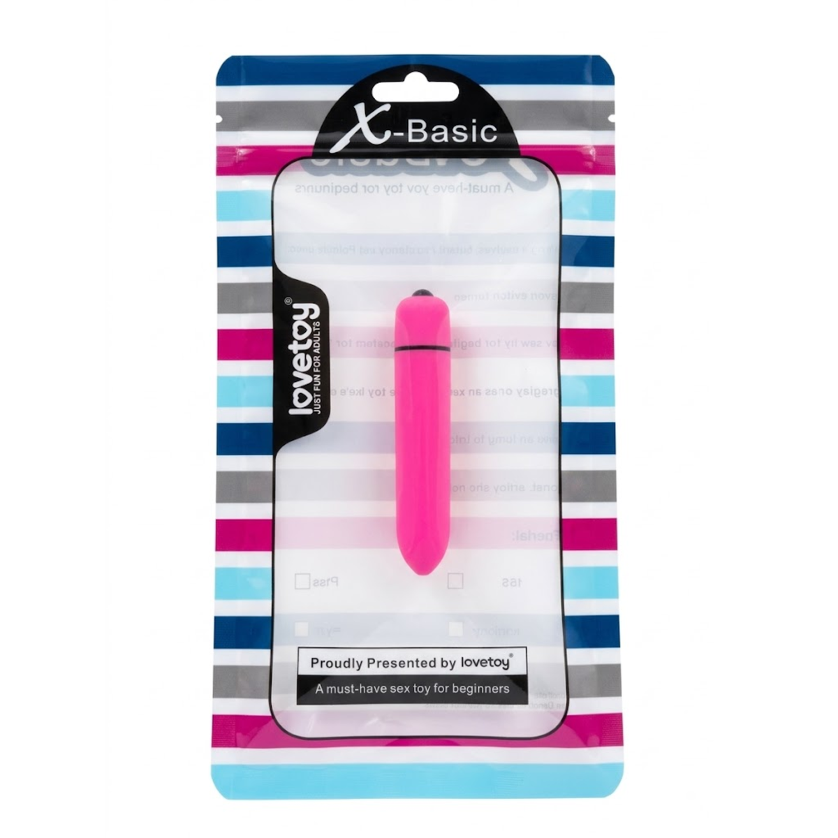 Retail packaging display showing the pink Lovetoy X-Basic bullet vibrator visible inside its striped hanging pouch with clear front window.