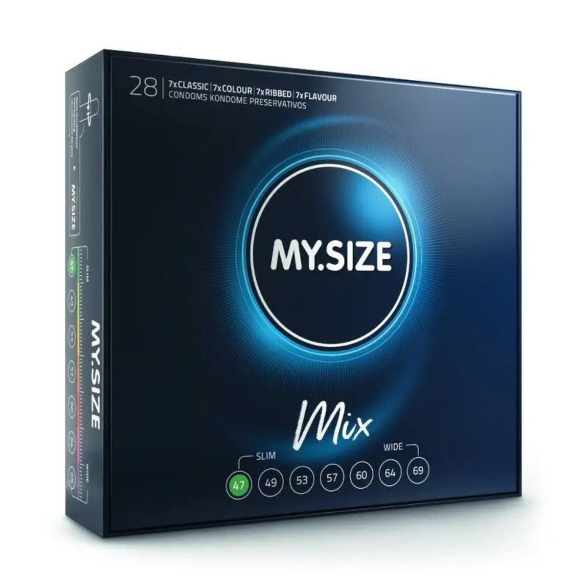 An image of a box of MY.SIZE 47mm Mix condoms. The top of the box indicates it contains a "Mix Box of 28" condoms, including "7x CLASSIC," "7x COLOUR," "7x RIBBED," and "7x FLAVOUR." The bottom front of the box displays a highlighted size "47". Main image