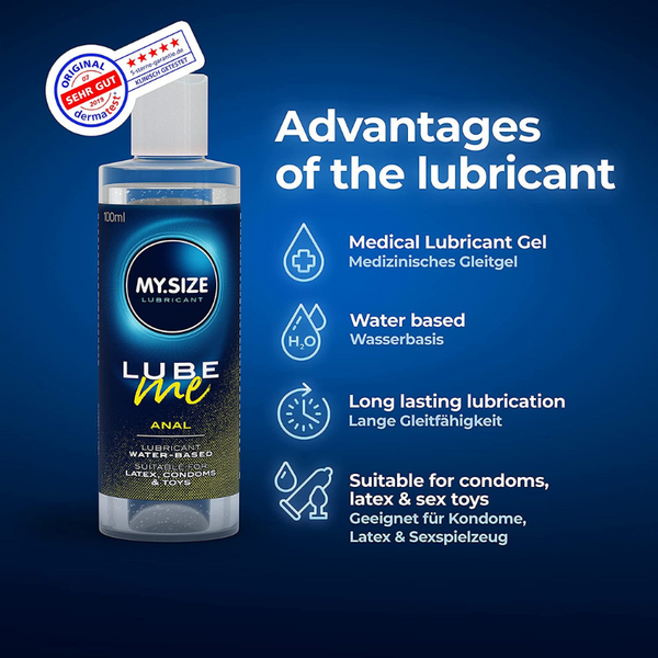MY.SIZE Lube Me Anal. Advantages of the lubricant. Medical Lubricant gel. Water-based. Long-lasting lubrication. Suitable for condoms, latex & sex toys.