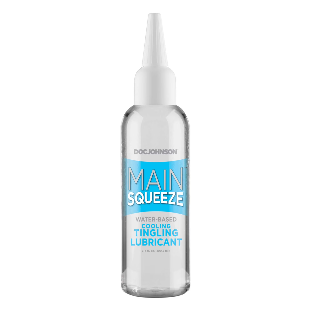Front product view of the 3.4 fl oz (100.5 ml) clear squeeze bottle of Main Squeeze Cooling & Tingling Water-Based Lubricant with light blue branding and a white precision applicator tip. Main image