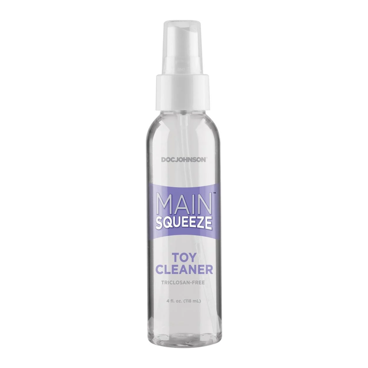 Front studio view of the 4 fl oz (118 ml) clear spray bottle of Doc Johnson Main Squeeze Toy Cleaner with lavender branding accents and a clear spray cap.