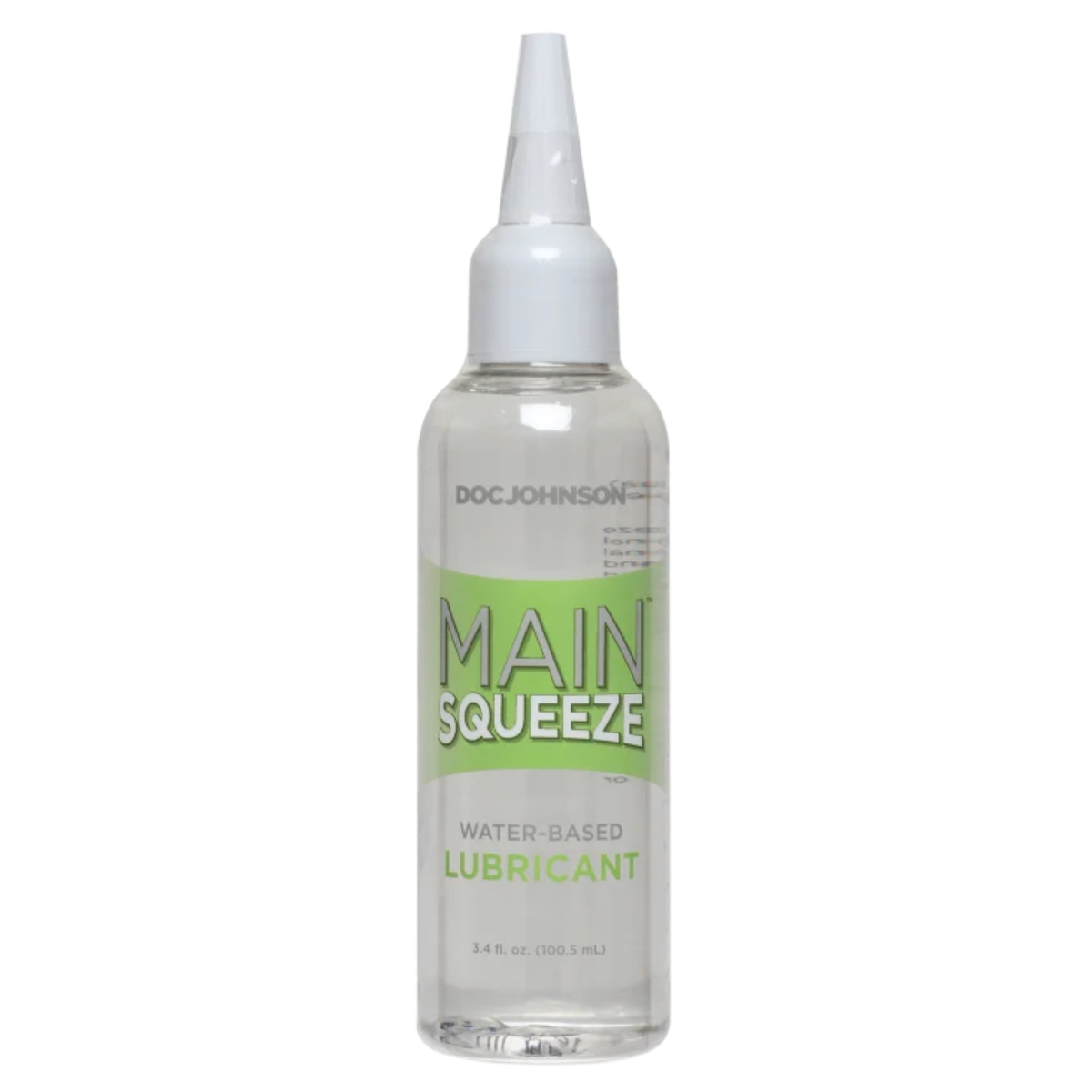 Front studio view of the 3.4 fl oz (100.5 ml) clear squeeze bottle of Main Squeeze Water-Based Lubricant with lime green branding accents and a precision applicator tip. Main image
